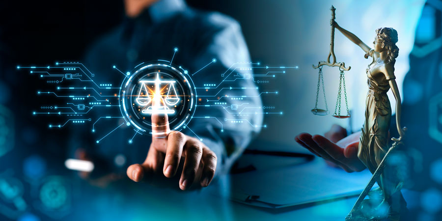 Escena simbólica de ética judicial con balanza de justicia y peritaje digital.