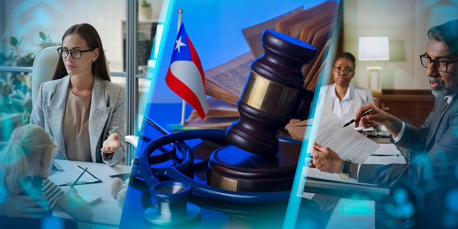 Justicia digital, bandera de Puerto Rico y tribunal representado.